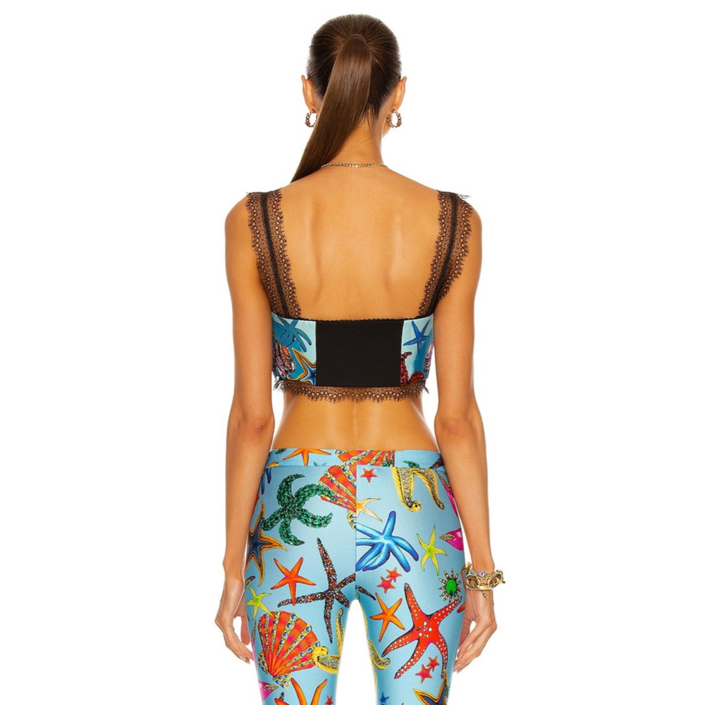 Versace Blue Multi-color Seashell Print Crop Top with Black Lace EU Size 44 - Picture 11 of 13